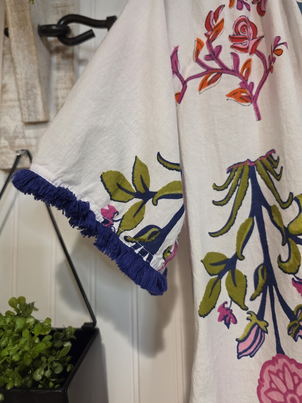 THML White Floral Button-Down Shirt with Navy Fringe Trim - Picture 2 of 5